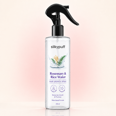 Silkypuff Rosemary & Rice Water Hair Growth Spray 200ml bottle with black trigger sprayer