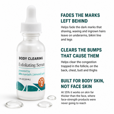 What it does: helps fade dark marks left by shaving and waxing, clears bumps trapped in the follicle, built for body skin not face skin
