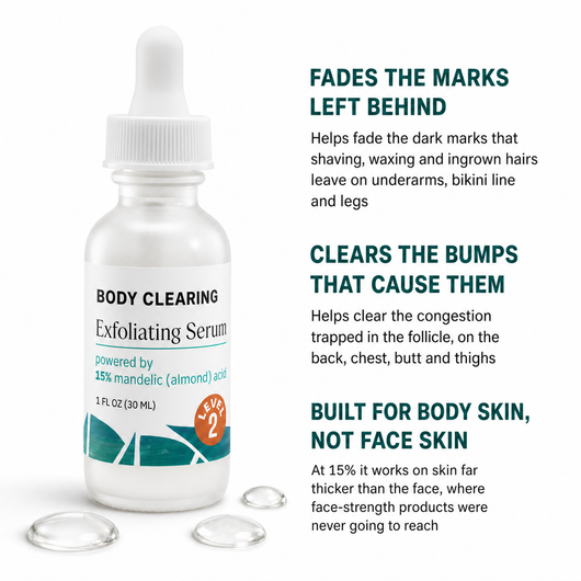 What it does: helps fade dark marks left by shaving and waxing, clears bumps trapped in the follicle, built for body skin not face skin