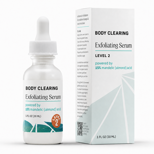 Silkypuff Bump Clearing Body Serum bottle and carton, 15% mandelic acid, 1 fl oz 30 ml
