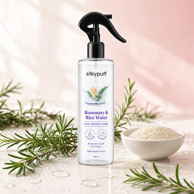 Silkypuff hair growth spray with fresh rosemary sprigs and a bowl of rice