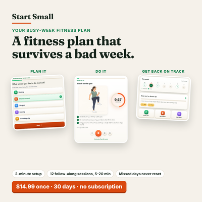 Start Small: Your Busy-Week Fitness Plan. A fitness plan that survives a bad week. Real app screens: 2-minute setup, a follow-along session with timer, and a week view where missed days never reset. $14.99 once, 30 days, no subscription.